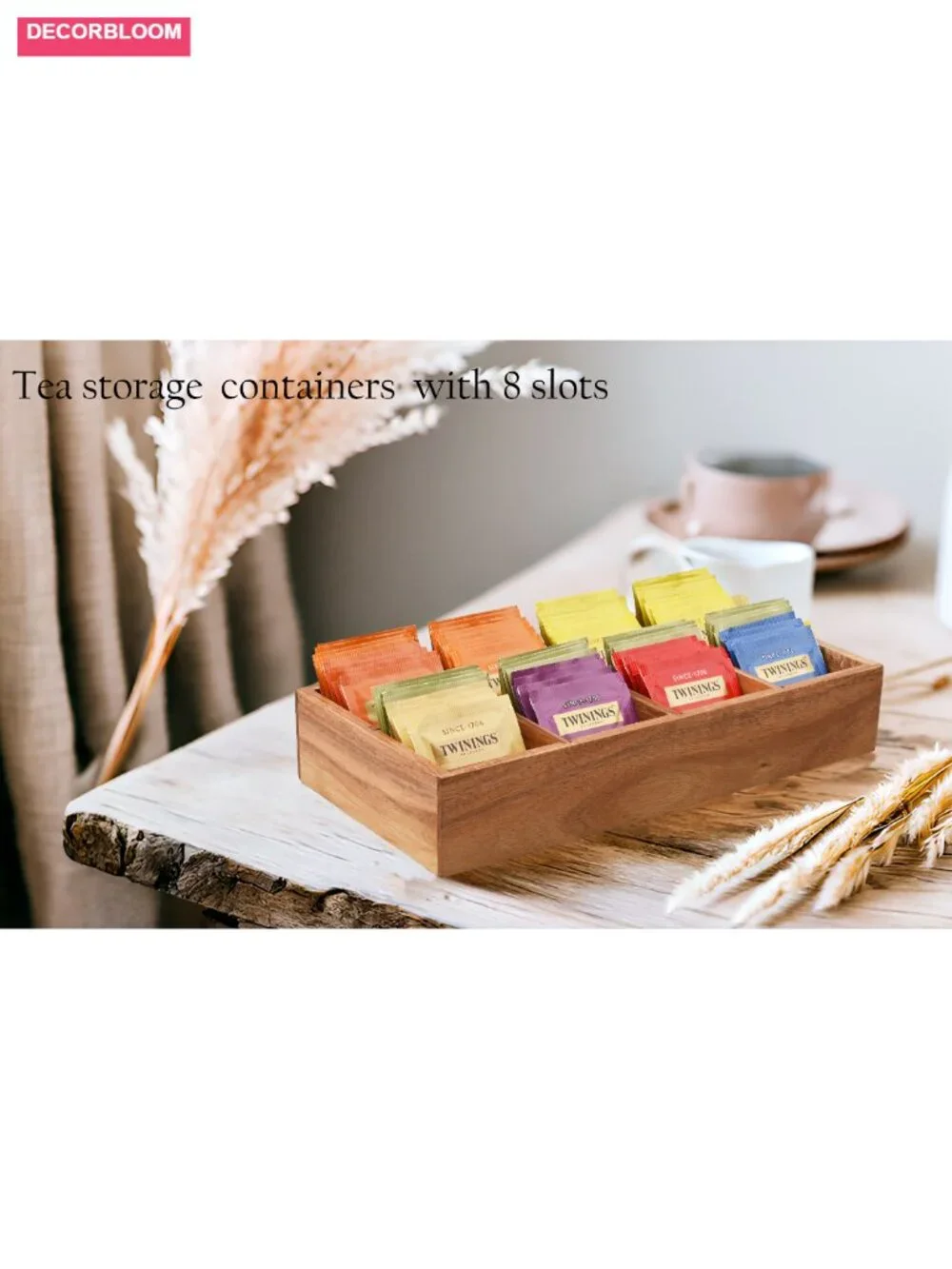 Acacia Wood Tea Bag Organizer with 8 Slots – Tea Bag Holder and Storage for